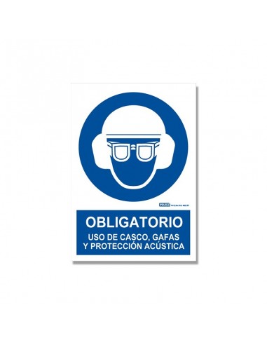 Señal "Obligatorio uso de casco, gafas y protección acústica"